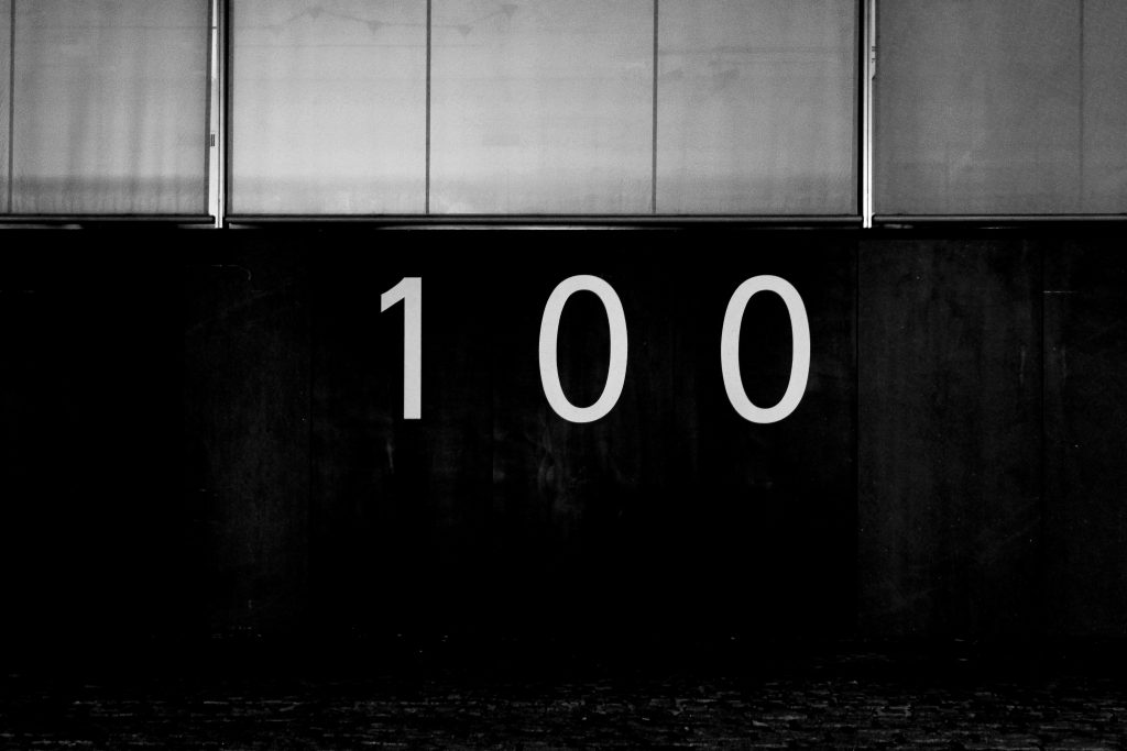 A photo of the number 100 to represent the rule of 100 of crowdfunding